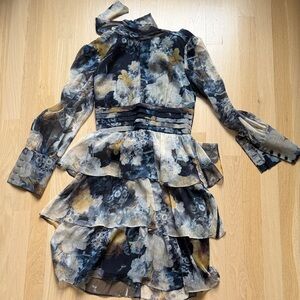 Amanda Uprichard Floral Long Sleeve Dress - Blue and Cream